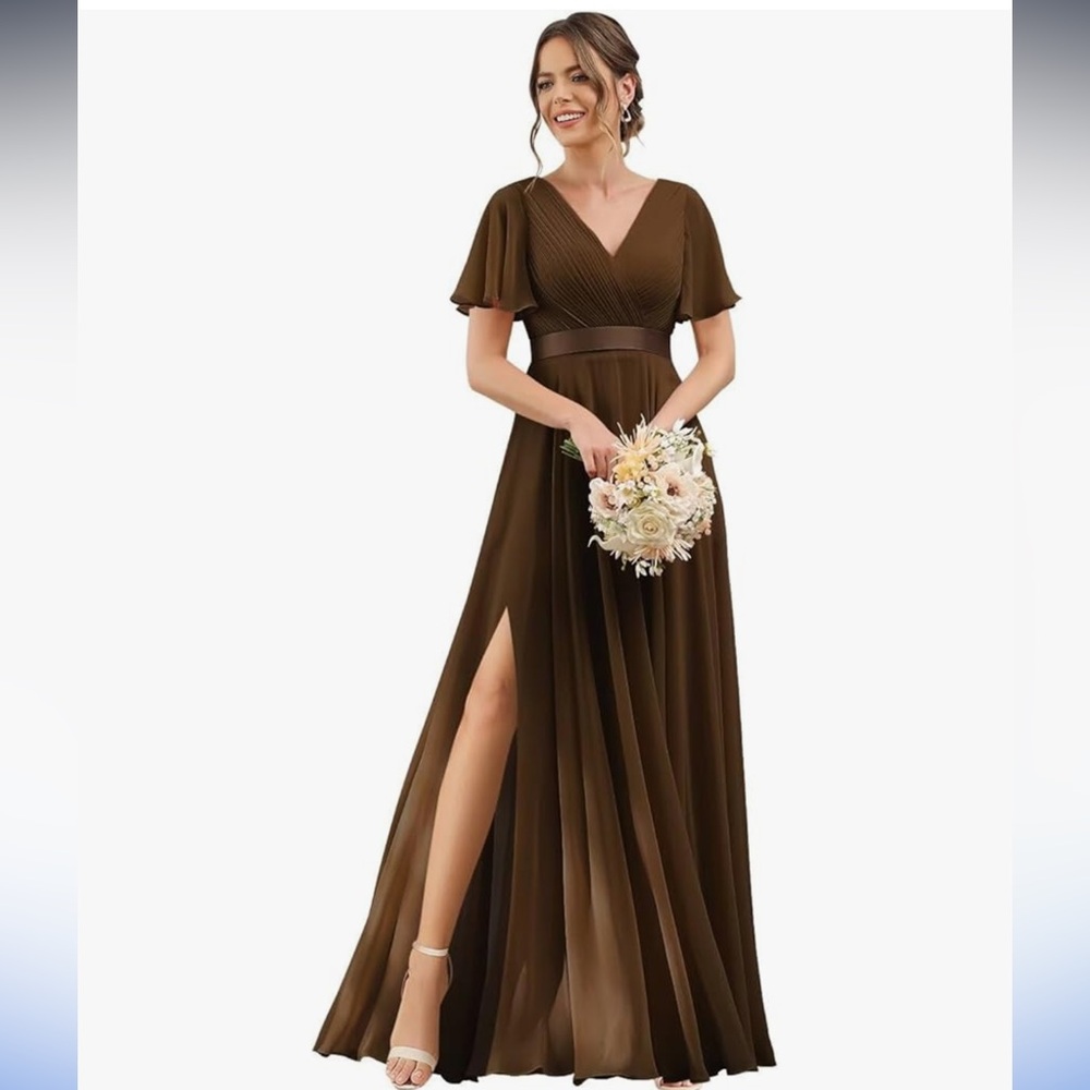 Elegant V-Neck Brown Wedding Guest Maxi Dress